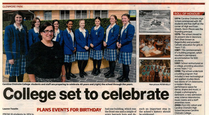 newspaper clipping about Caroline Chisholm Catholic College Glenmore Park 40 year anniversary