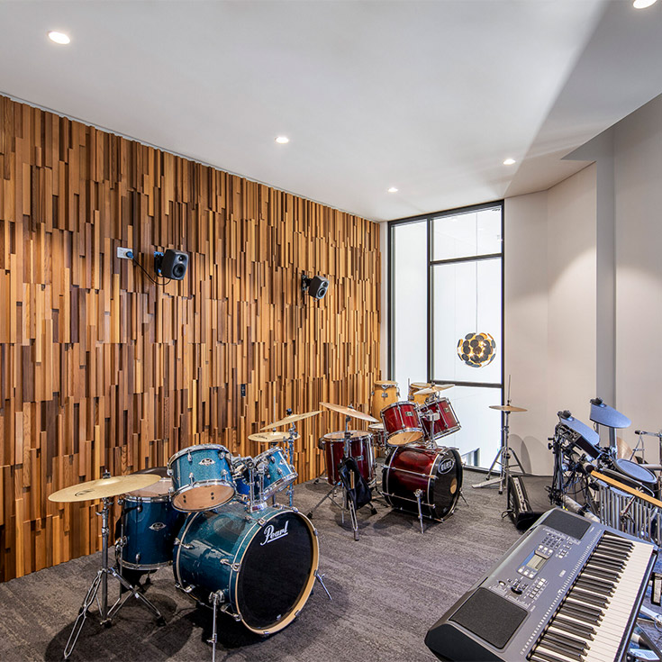 Caroline Chisholm Catholic College Glenmore Park music rooms containing drums and piano